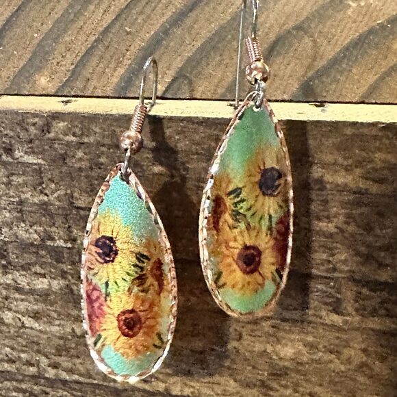 COPPER ARTS INC. Jewelry - Handmade Boho Copper Earrings, Diamond Cut Van Gogh Sunflowers Earrings, Gift B